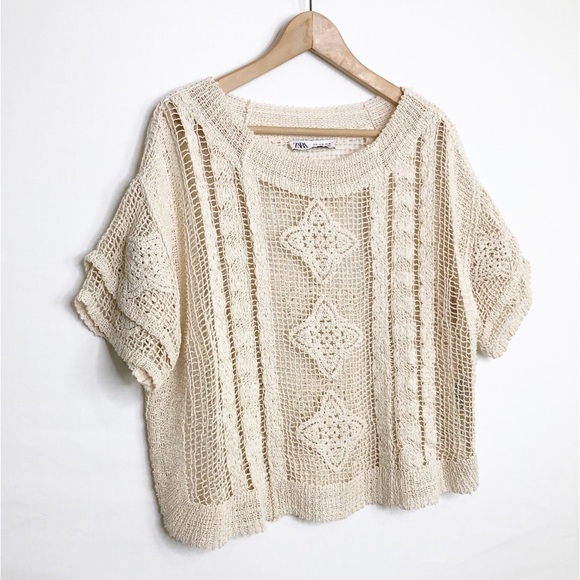 Zara cream open knit crocheted, short sleeve top - Picture 12 of 13